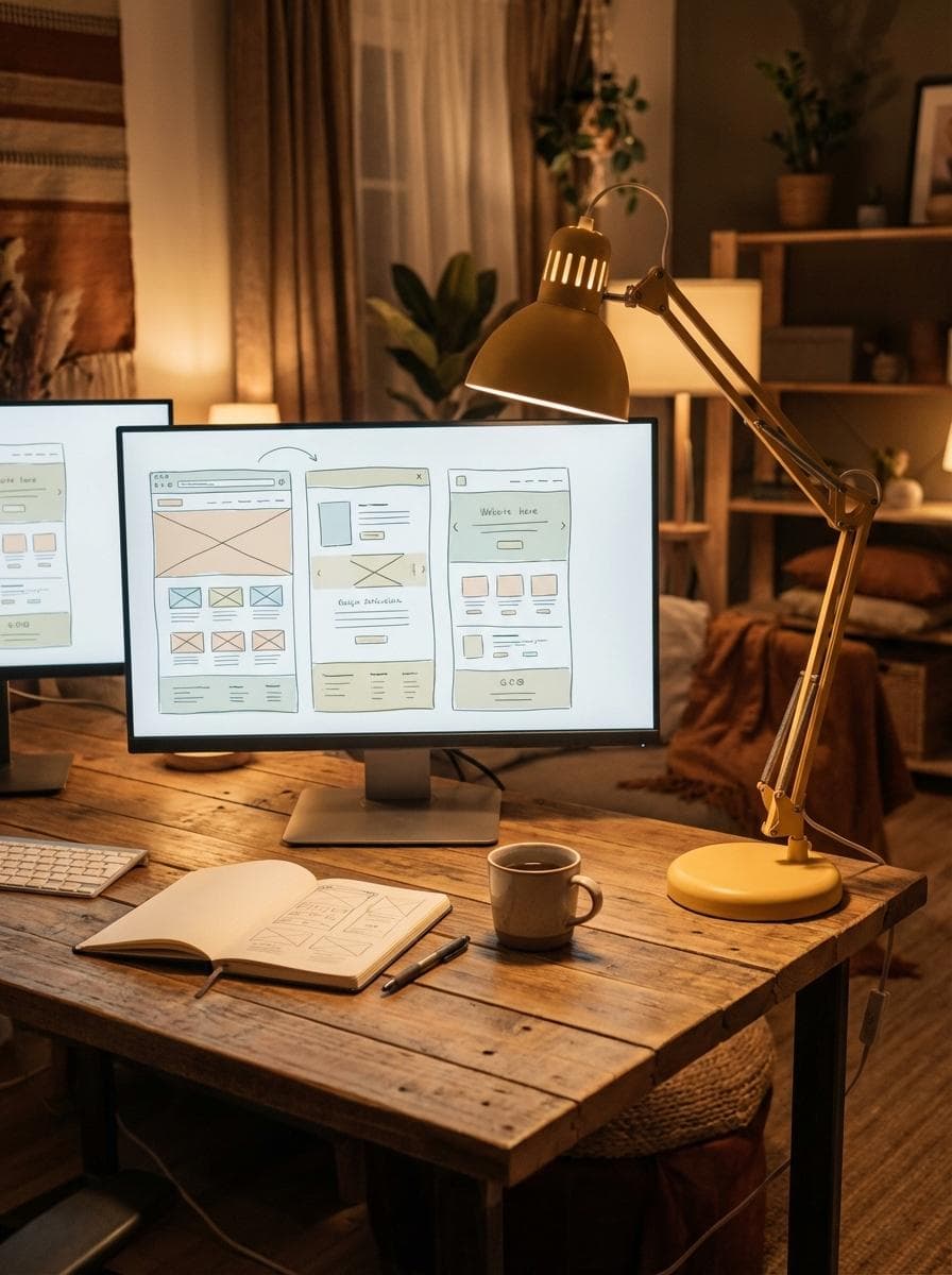 Web design workspace with monitors