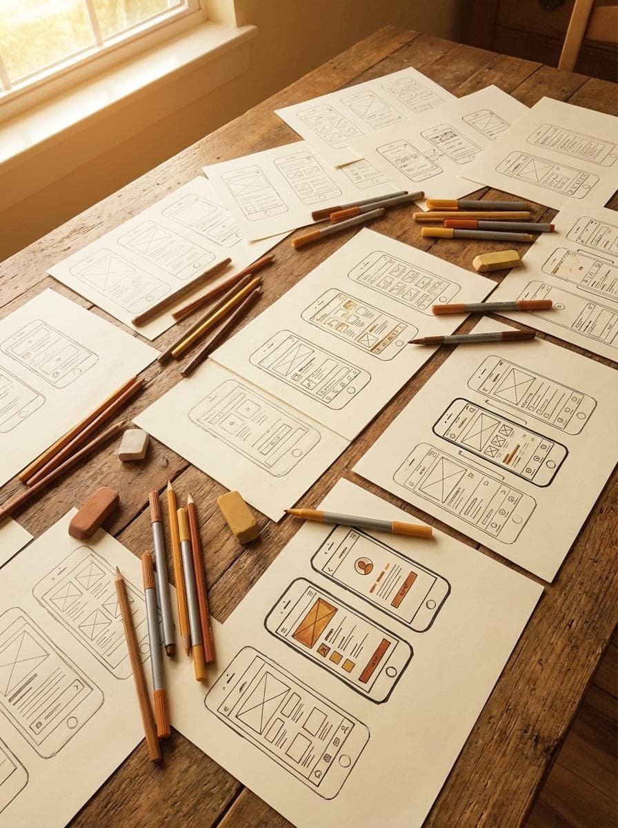 Wireframe sketches and UI mockups